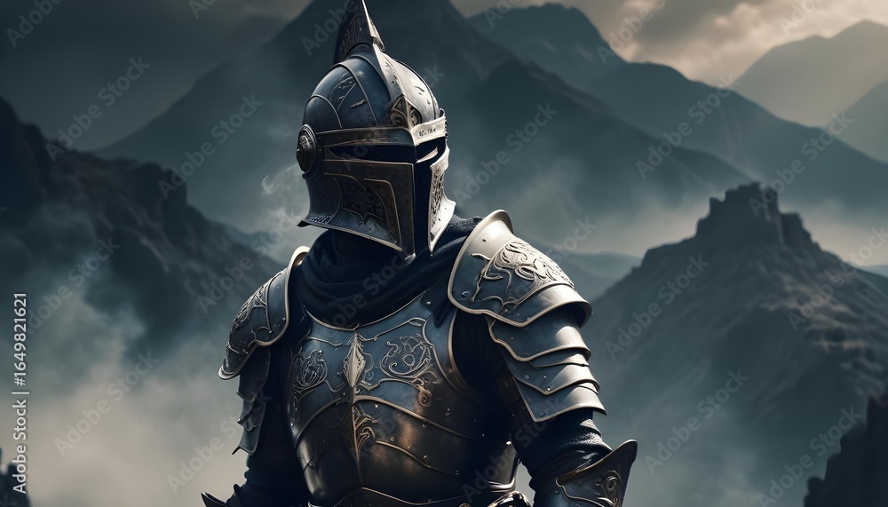 A stoic knight in full armor stands before a dramatic mountain backdrop. A stoic knight in full armor stands before a dramatic mountain backdrop.
