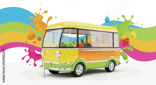 Colorful cartoon food truck delivering fresh fruit juices and smoothies, a mobile juice bar concept illustration.