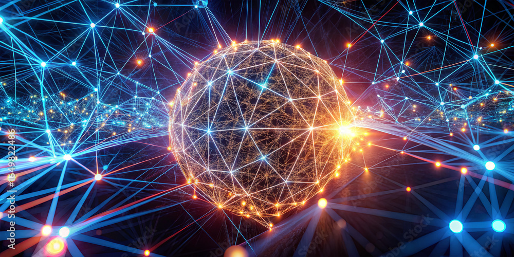 Fototapeta premium A vibrant cosmic environment showcases intricate networks of light and energy, representing the digital connections in modern technology