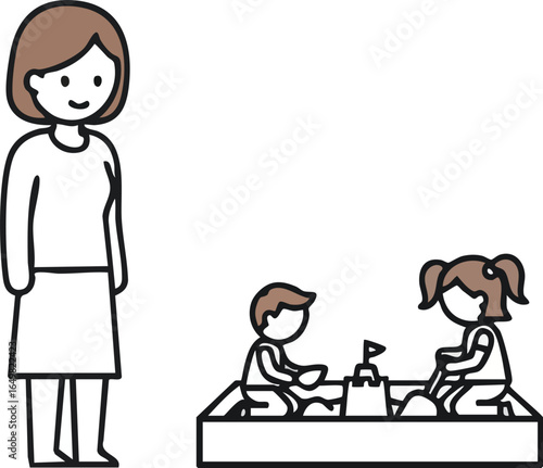 Childcare Illustration Teacher Supervising Children Playing in Sandbox