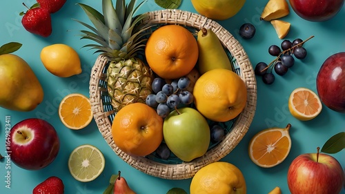 Fototapeta Naklejka Na Ścianę i Meble -  A top down view of a basket filled with assorted fruits on a blue background with scattered fruits around