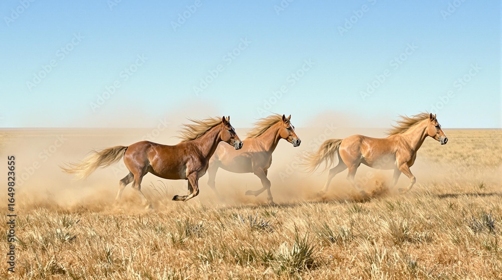 Fototapeta premium Wild Horses Running through Sunlit Plains