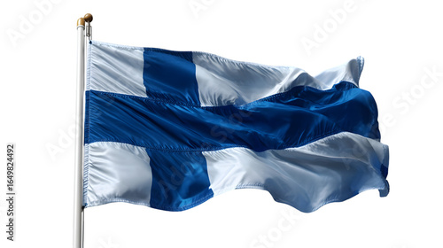 A waving finnish flag on a flagpole against a black background in a patriotic display of freedom