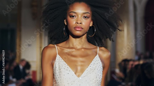 beautiful african american woman young model walks catwalk in dress high fashion