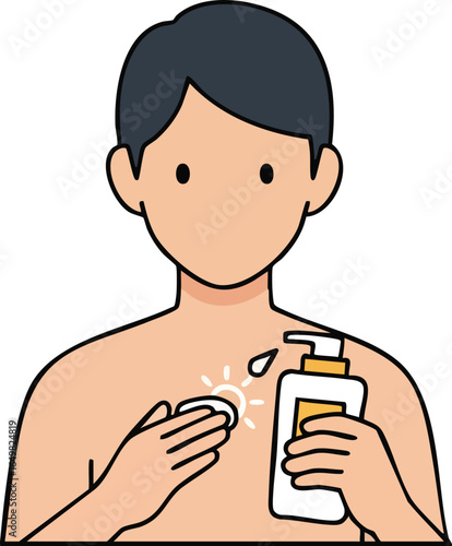 Digital illustration of an individual carefully applying sun protection lotion, emphasizing the importance of daily skincare and sun safety for healthy, protected skin.