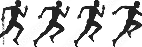 Running silhouette, motion stages, sprint, athlete, vector, black, biomechanics, posture, speed, action, sport, form