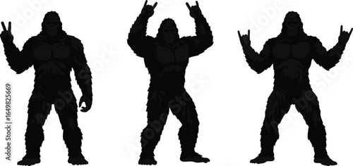 WebBigfoot silhouette vector, peace sign, rock gesture, mythical creature, black, playful, cryptid, Sasquatch, humorous, pose, icon, illustration