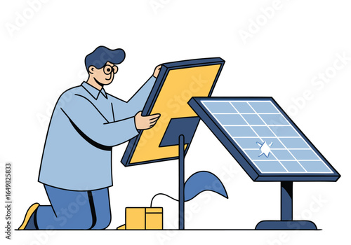 A technician inspects a solar panel outdoors. Clean lines, modern illustration style. Focus on renewable energy and sustainable technology. 

