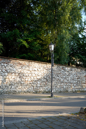 Wallpaper Mural Old street lantern stands near a textured stone wall, bathed in evening light and framed by tall trees, symbolizing quiet solitude and the charm of forgotten urban corners. Torontodigital.ca