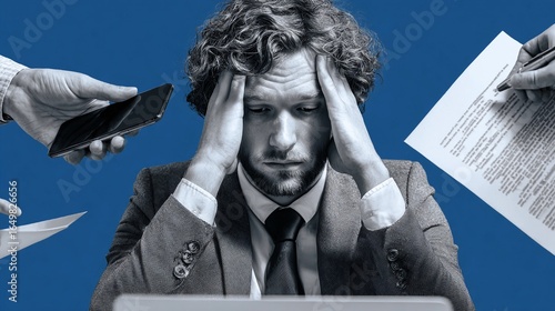 Stressed businessman overwhelmed by work demands, papers, and mobile phone during a busy office environment