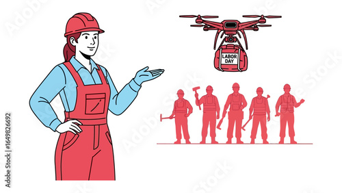 Labor Day: A construction worker and the drone representing Labor Day. and team celebrating their hard work and effort on this special day.