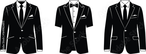 Formal suit set with notch lapel, tuxedo, shawl lapel, bow tie, necktie, pocket square, men’s fashion vector illustration