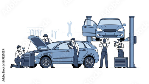 Mechanic in Action: A group of skilled mechanics meticulously repair vehicles, showcasing their expertise in automotive maintenance and repair within a well-equipped workshop.