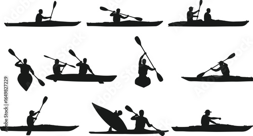 Kayaking silhouettes set, single and tandem, paddling positions, water sport, black vector, canoe, outdoor recreation, activity, flat design, outline illustration