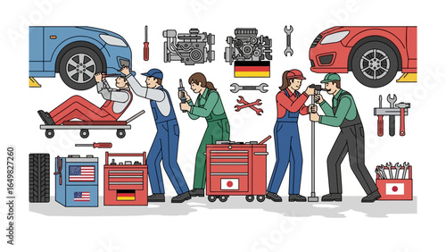 Garage Work: A line of mechanics diligently works to service and repair cars using diverse tools in a dynamic workshop setting, highlighting the synergy of automotive expertise.
