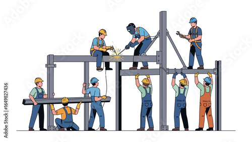 Construction Team Assembling Structure: A dedicated team of skilled construction workers is hard at work assembling a robust metal structure, showcasing collaboration and engineering expertise.