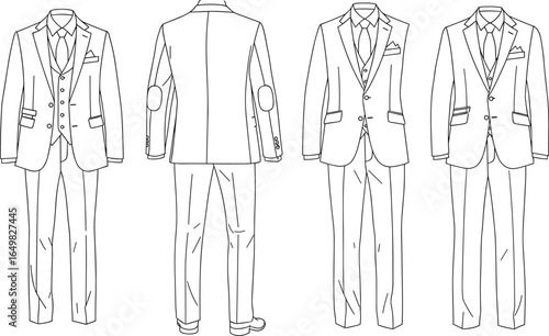 Men’s suit multiple views set, front and back, jacket with elbow patches, vest, trousers, dress shirt, tie, vector illustration