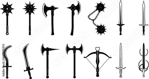 Medieval weapons set, swords, maces, axes, flail, crossbow, historical arms collection, battle gear, black and white vector illustration