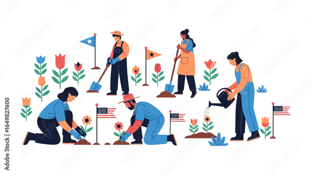 Obraz premium Community Garden: A vibrant illustration depicts a group of diverse individuals working together in a flourishing community garden, each tending to their plot with care.