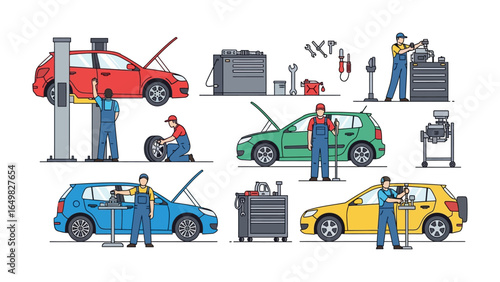 Automotive Workshop: A dynamic illustration showcasing various car maintenance and repair activities in a well-equipped auto shop, featuring a mechanic.
