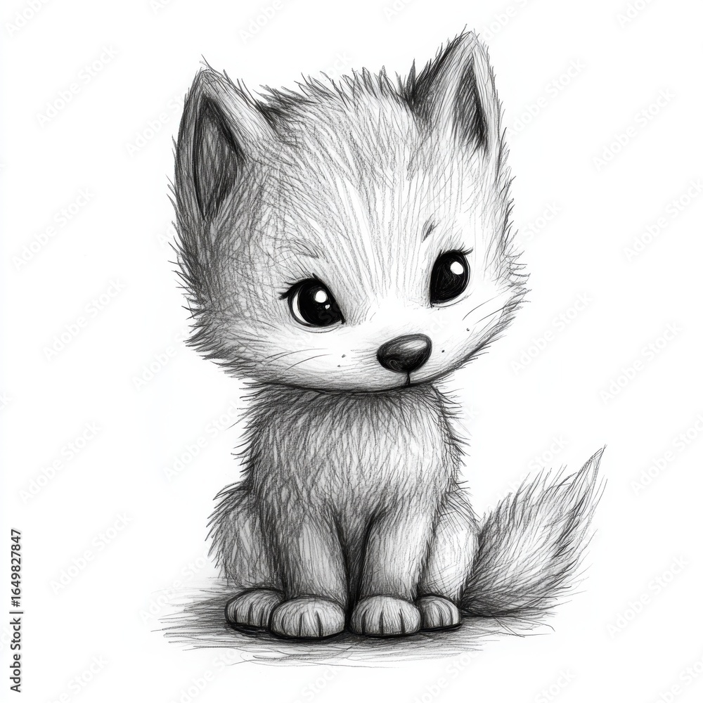 Obraz premium Stylized Kitten Charcoal Sketch Sitting Down with Detailed Fur on a White Background