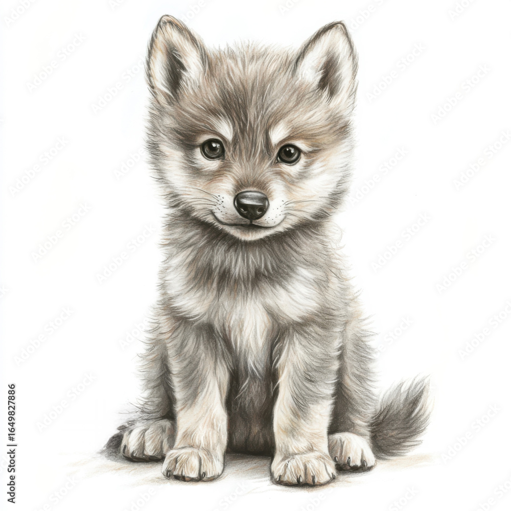 Obraz premium Adorable Wolf Cub Portrait with Detailed Fur Texture Sitting Comfortably