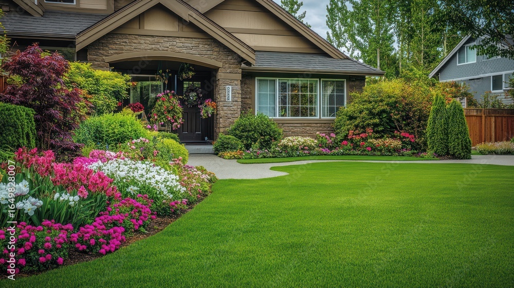 Naklejka premium Lush garden landscaping, suburban home, spring flowers, green lawn, real estate
