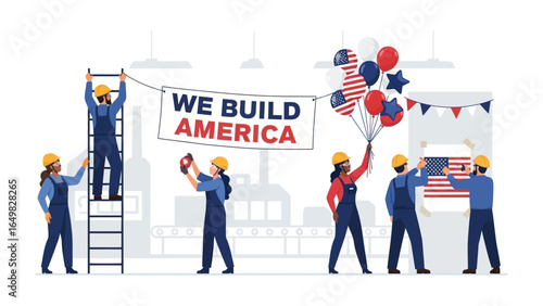 Building America: A diverse group of builders works together, decorating a banner with patriotic colors, symbolizing unity and progress, in an artistic representation of community spirit.