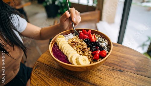 Person eating a colorful healthy bowl