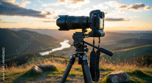 A high-end DSLR camera with a telephoto lens on a tripod at sunset overlooking rolling hills.
