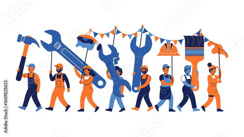 Tool Parade: A cheerful procession of workers marching forward, each proudly brandishing a tool symbolizing construction, craftsmanship, and dedication in a photorealistic style.