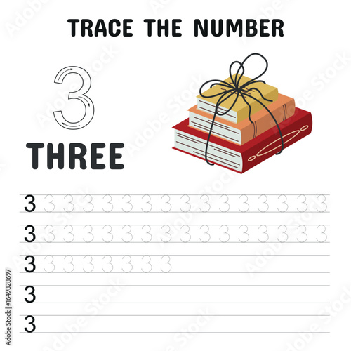 Number 3 Tracing Worksheet with Books