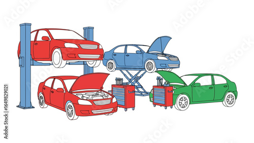 Auto Workshop Illustration: A schematic representation of a busy auto workshop. Four cars of various colors are lifted for inspection.