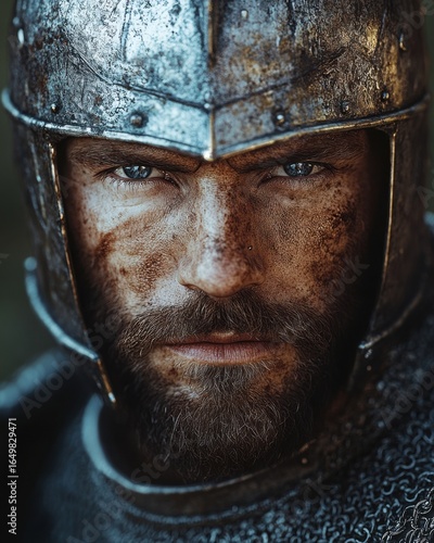 Close-up Portrait of Bearded Warrior with Worn Helmet and Battle Smudges
