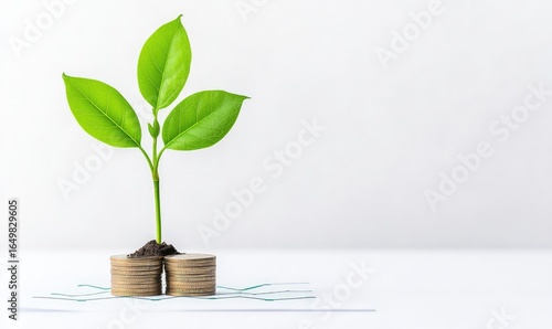 Sprout on Coins. A small green plant grows out of soil placed atop a stack of golden coins, set against a stark white background. 