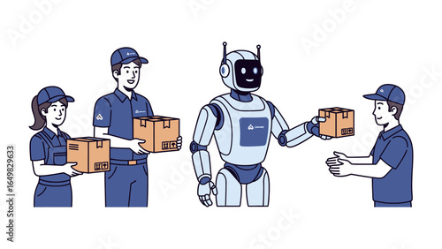 Future of Logistics: A cutting-edge depiction of a delivery process, where a futuristic robot seamlessly collaborates with human couriers in a tech-forward integration.