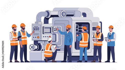 Industrial Precision: A team of engineers collaborates around a complex industrial machine, showcasing expertise and precision in a detailed vector illustration