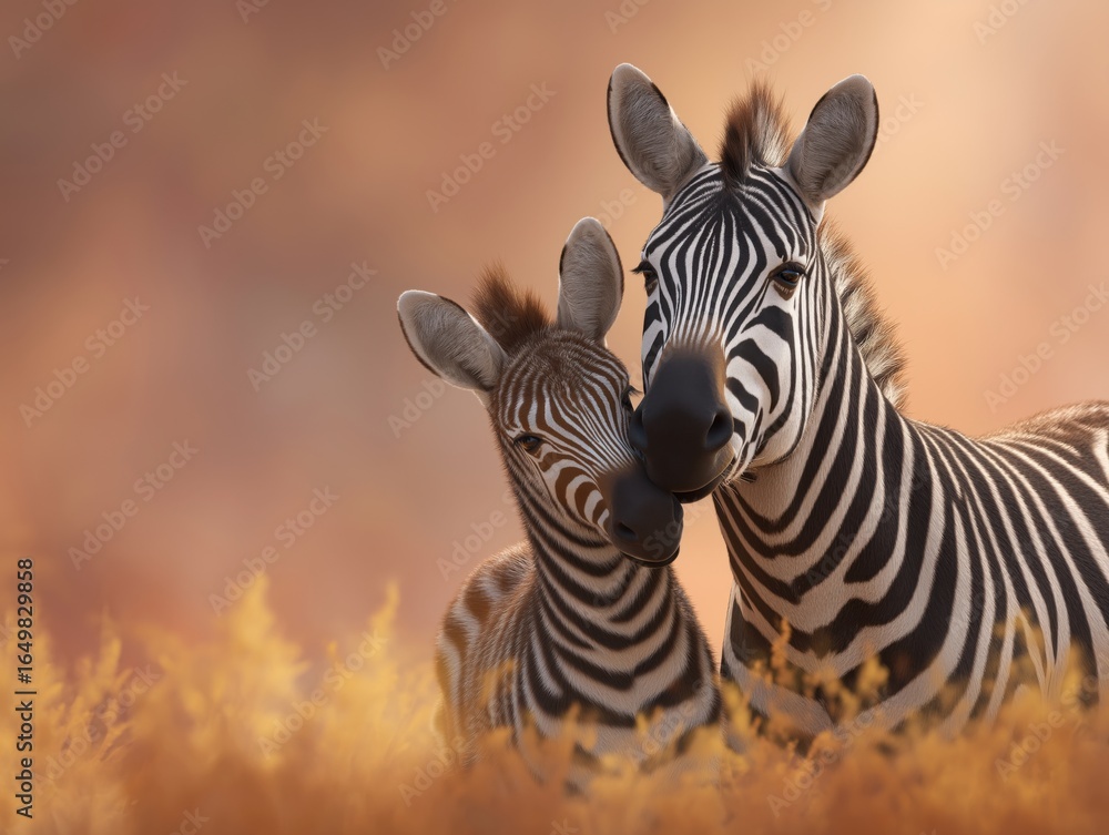Fototapeta premium Two zebras, one adult and one juvenile, are nuzzling affectionately in a golden grassland, showcasing their striking black and white stripes in a warm, serene environment