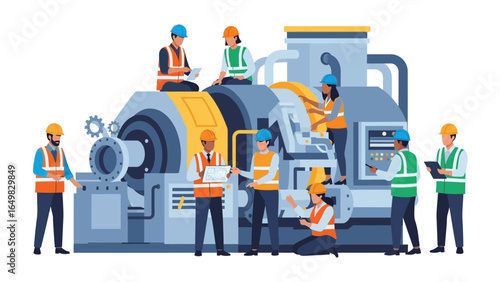 Industrial Engineers: A skilled and diverse team of industrial engineers working on machinery.