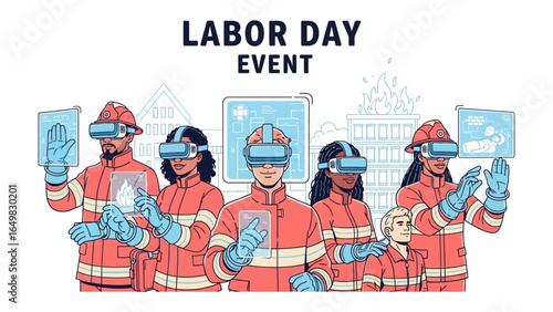 Labor Day Event: A virtual reality scene showcases firefighters equipped with VR headsets, simulating emergency scenarios and demonstrating their dedication.