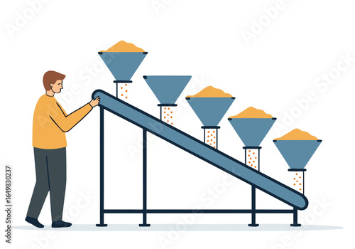 A man operates a conveyor belt feeding into multiple containers. A clean, modern illustration depicting a check feed process. Flat design, bright colors.