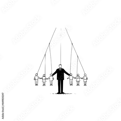 Man in suit controlling children with strings attached to their heads concept illustration drawing