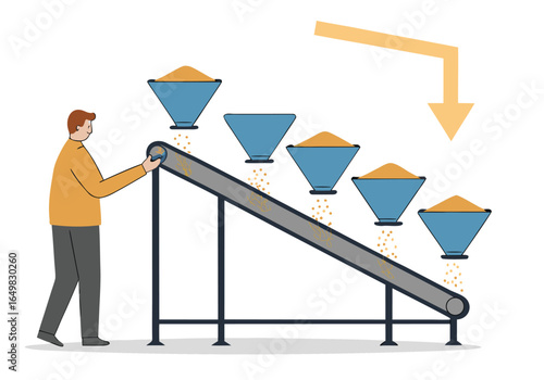 A man operates a conveyor belt feeding into multiple containers. A clean, modern illustration depicting a check feed process. Flat design, bright colors.