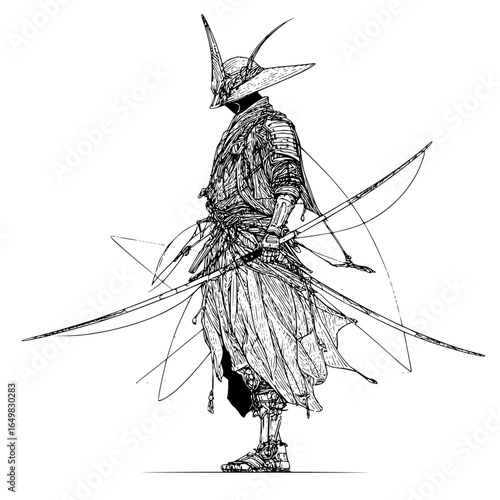 Detailed ink drawing of a warrior with a large hat and multiple swords standing in a white background
