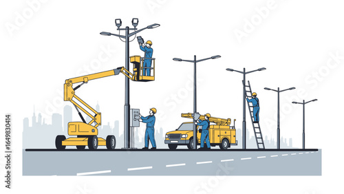 Streetlight Installation: A team of skilled professionals efficiently installing and maintaining streetlights along a road, a visual of modernization and infrastructure development.