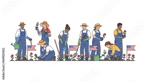 Community Garden Harmony: A diverse community of individuals working together in a vibrant garden, nurturing plants and celebrating growth, symbolizing unity and shared purpose.