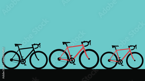 Three bicycles in silhouette against a teal background with varying colors and sizes shown
