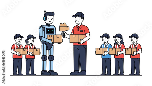 Automated Delivery: A futuristic scene depicting a delivery robot interacting with human delivery personnel, embodying the future of automated logistics and parcel distribution.