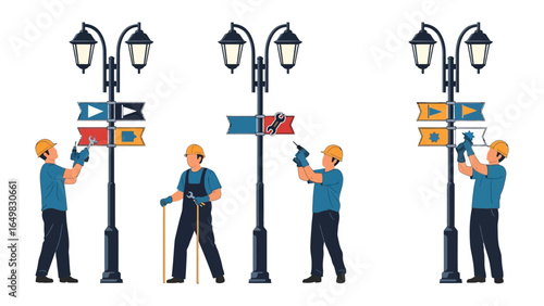 Constructing Signage: This image showcases the intricate process of urban signage installation.