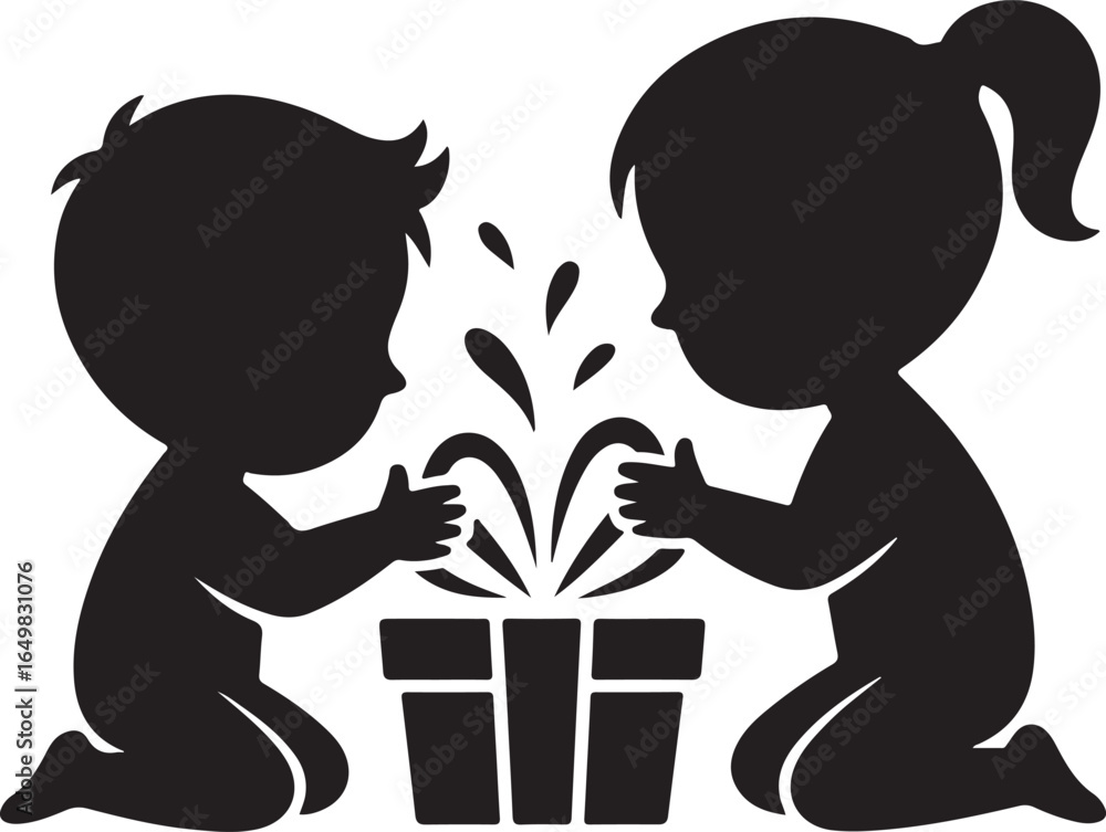Kids opening presents silhouette vector illustration design Kids opening presents silhouette vector illustration design